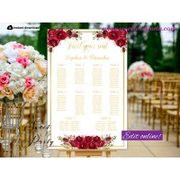 Red Roses Seating Chart template,Red Roses Wedding Seating Plan template,(16w)